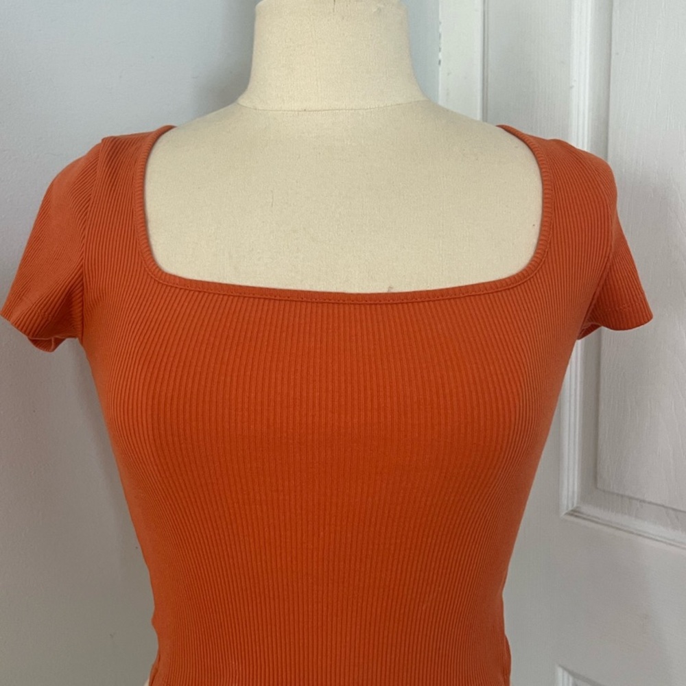 Orange Ribbed Square Neck Top